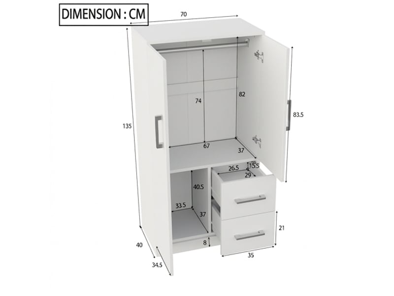  Armoire enfant blanche 2 portes avec tiroirs, 70x40x135 cm, meuble de rangement chambre  - Conforama C