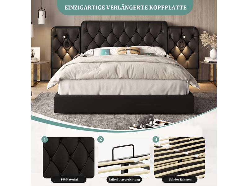 Lit double 160x200 cm avec plusieurs ports usb et lampe de bureau, cadre de lit coffre avec tête de lit longue, noir, velours - Conforama E
