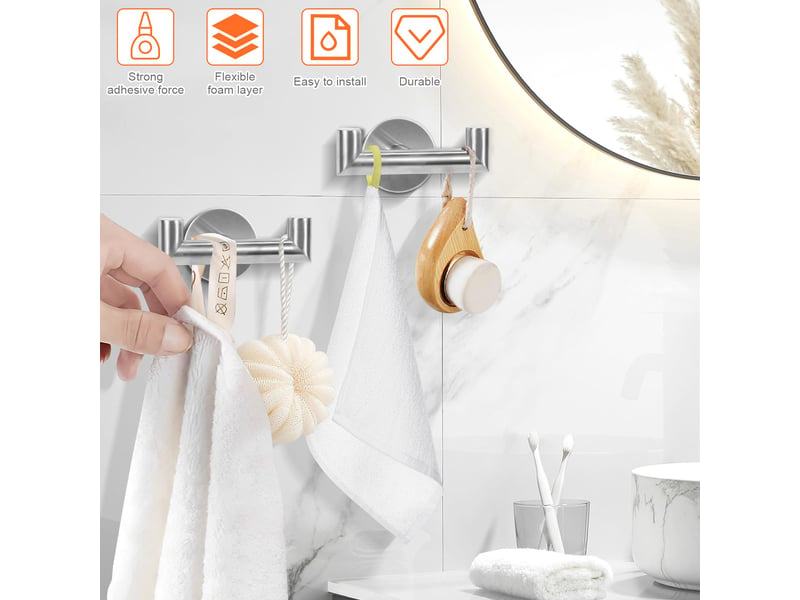  Double crochet adhésif muraux, 2 pièces porte serviette salle de bain, acier inoxydable, accroche torchon cuisine, manteau mural sans perçage, gris  - Conforama B