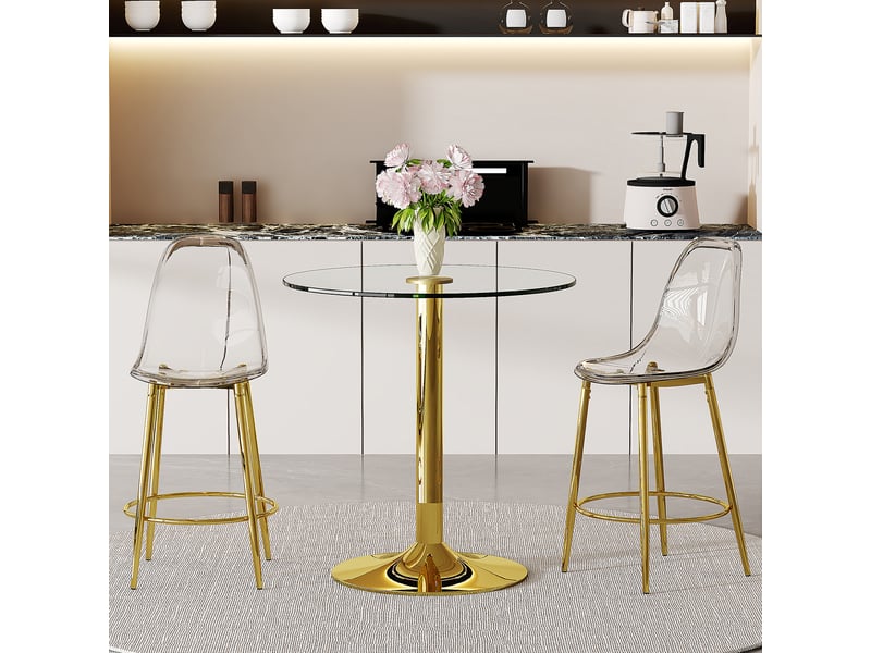  Ensemble table de bar avec 2 tabourets transparents, table haute ronde en verre de 89 cm, structure dorée avec repose-pieds  - Conforama B