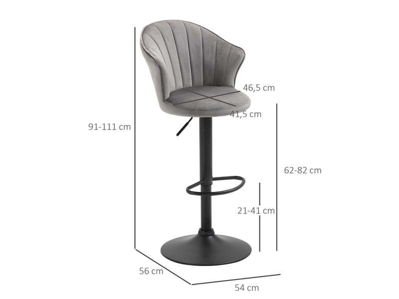  Ensemble 2 tabourets bar pivotants dossier, velours, comptoir réglables, sans accoudoirs, mousse, gris, 54x56x91-111 cm.  - Conforama E