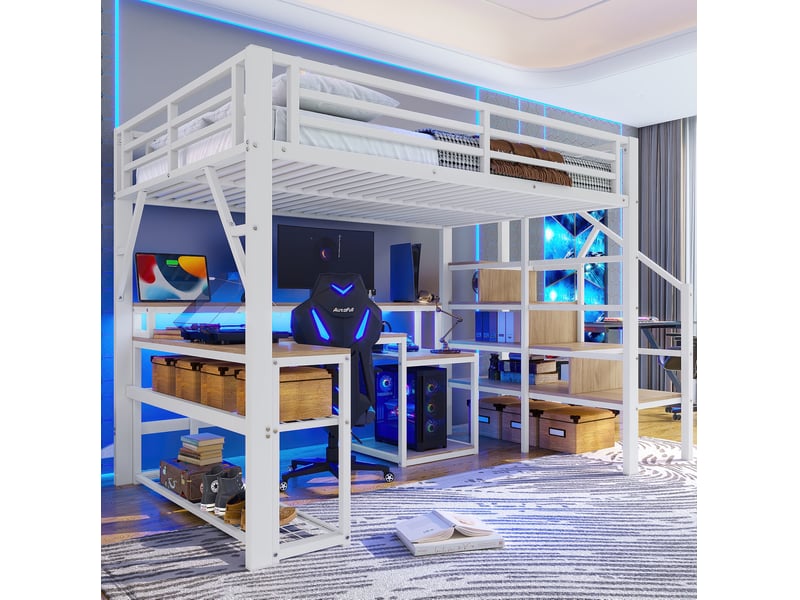  Lit mezzanine 140x200 cm avec bureau, led et rangements blanc  - Conforama D