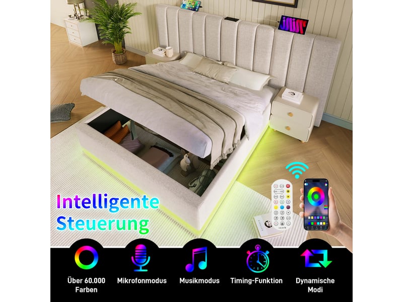 Lit coffre hydraulique 160x200 beige en lin avec led, usb-c et sommier à lattes - Conforama E
