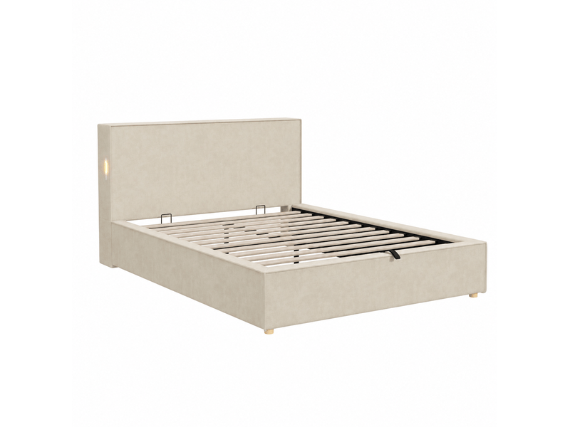  Lit coffre enfant 120x200 cm, lit rembourré avec sommier en chenille beige, sans matelas  - Conforama E
