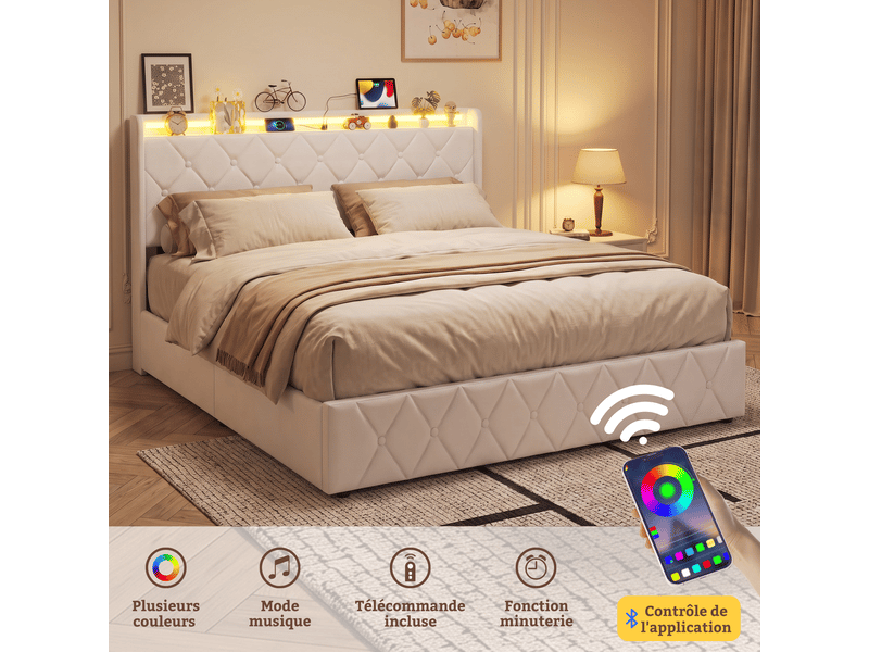  Lit coffre 140x200 cm, lit double rembourré en velours - cadre de lit avec rangement - ports usb et type-c - bandeau led multicolores, lit 2 places capitonné, velours beige  - Conforama E