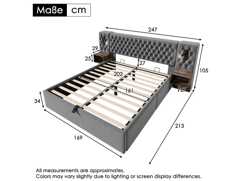  Lit coffre 160x200 cm, doté de matelas, velours, gris, usb et type c, lampe de lecture, doté de 2 tables de nuit  - Conforama C