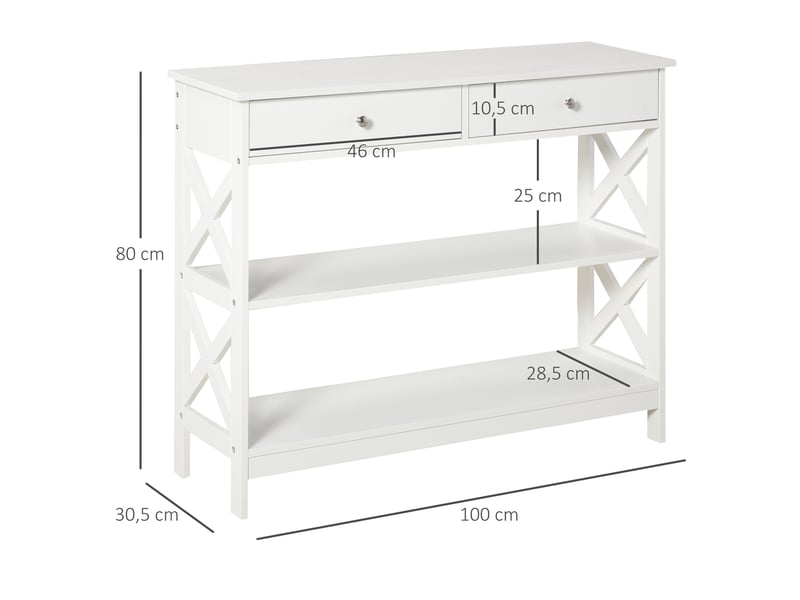  Table de console table d'entrée style table de drapier néo-rétro 2 tiroirs 2 étagères en bois blanc dim. 100l x 30,5l x 80h cm  - Conforama C