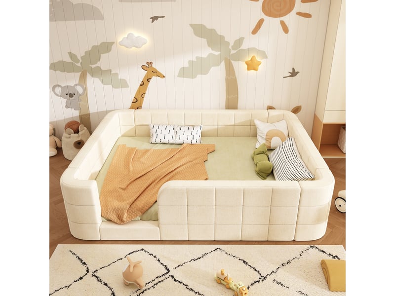 Lit enfant rembourré 140x190 cm avec barrières et entrée basse, lit au sol avec sommier à lattes inclus, tissu chenille, beige CozyNest - Conforama E