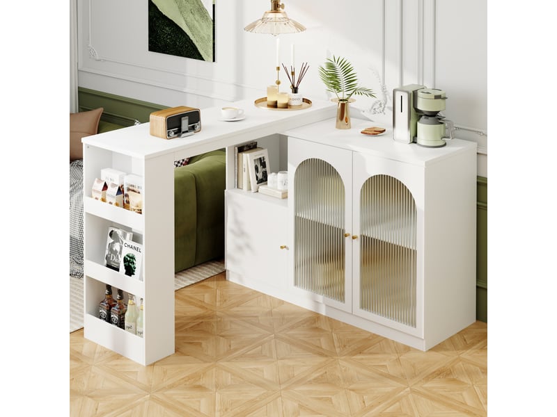  Meuble bar rotatif 360° 120x40x97 cm, avec rangement et portes vitrées, îlot de cuisine multifonction, mdf - blanc  - Conforama B