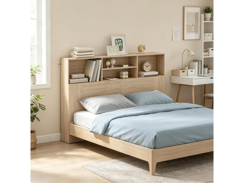  Tête de lit 140 cm avec rangement 4 compartiments ouverts bois naturel mdf  - Conforama A