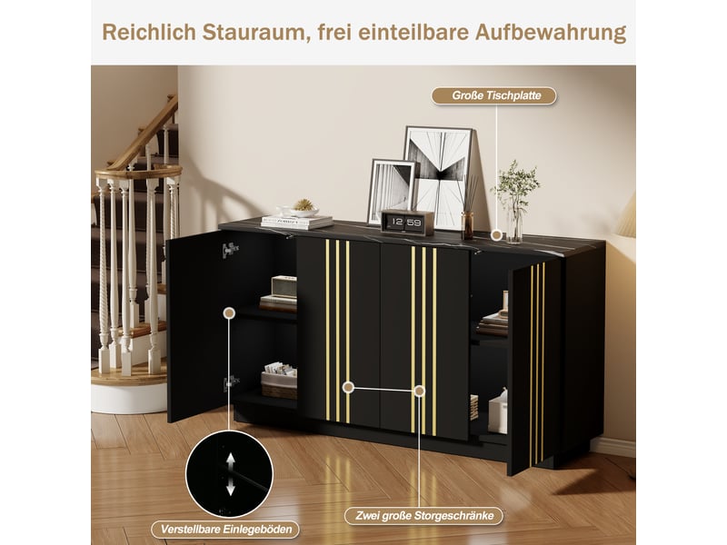  Buffet salon noir et or 140 cm meuble de rangement 4 portes  - Conforama W