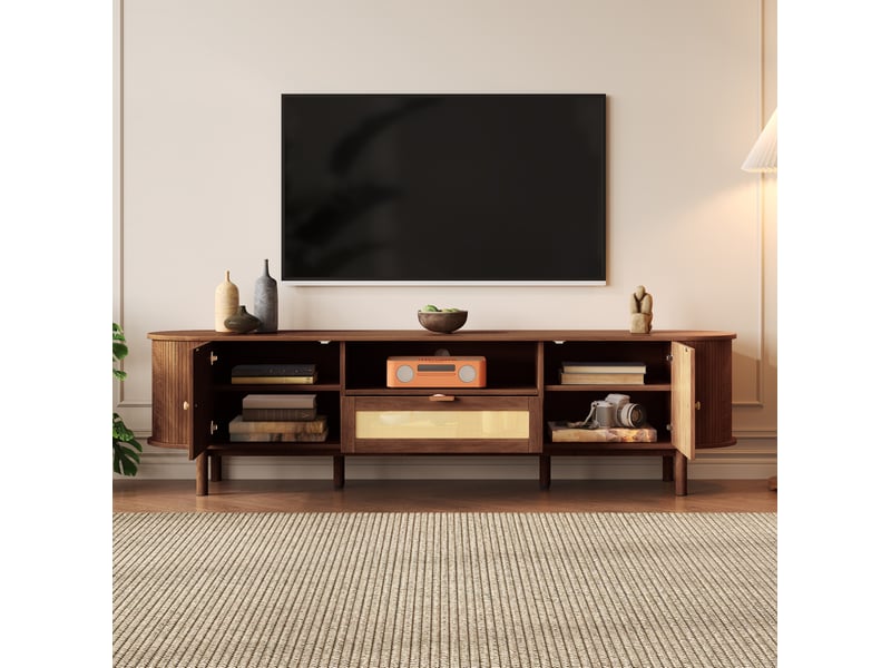  Meuble tv 175x36x51 cm avec portes demi-rondes, tiroirs et niche ouverte en mdf noyer  - Conforama D