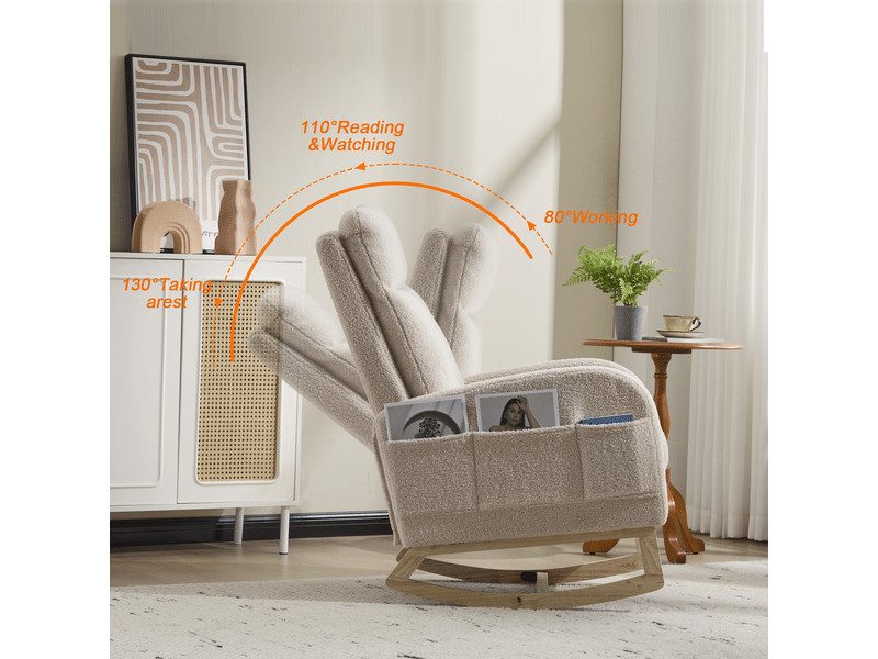  Fauteuil à bascule ergonomique beige, en polaire douce et confortable, avec dossier haut, base en bois incurvée  - Conforama R