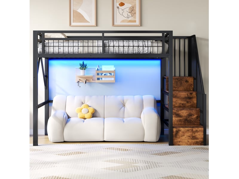  Lit mezzanine contemporain 90x200 cm, lit simple, lit enfant, marches de rangement, mdf et métal, noir, sans matelas  - Conforama D