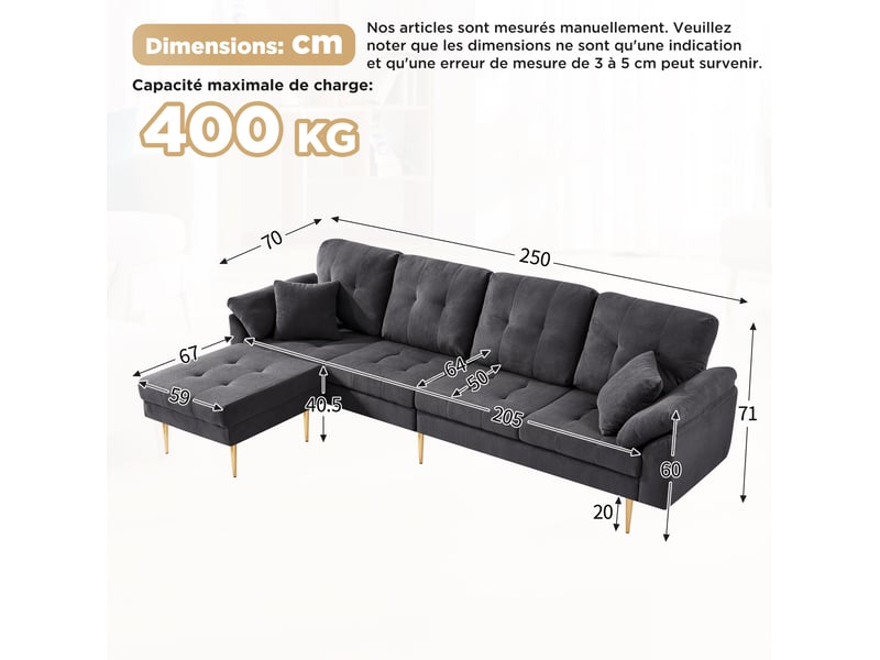 Canapé modulaire 4 places avec pouf libre, configuration d'angle et assise rembourrée en velours côtelé gris foncé - Conforama C