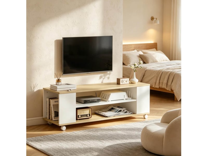  Meuble tv modenvie à roulettes ou mural 120 x 40 x 38,5 cm blanc et naturel  - Conforama B