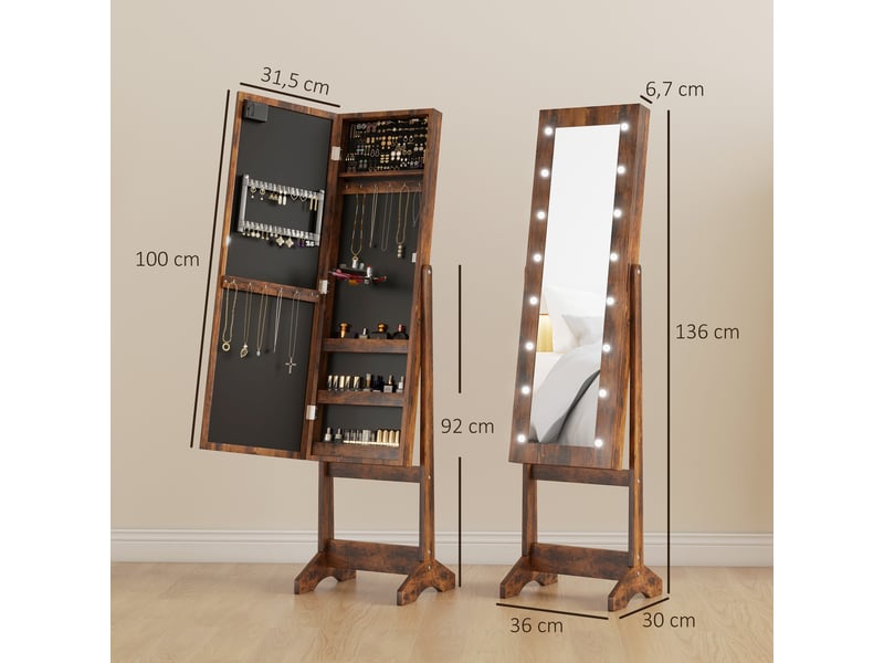  Armoire à bijoux armoire de rangement sur pieds boîte à bijoux avec miroir multi-rangements éclairage led brun rustique  - Conforama C