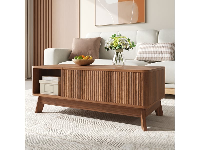  Table basse 95x48x50 cm, plateau escamotable, espace de rangement, rangement salon, meuble fonctionnel, en mdf, noyer  - Conforama E