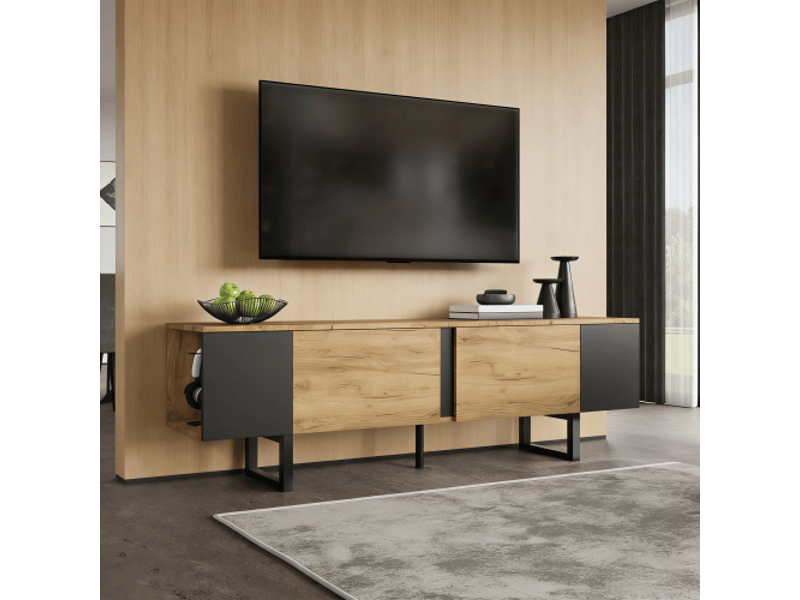 Meuble tv 180x40x55 cm, 2 portes et espaces de rangement ouverts des deux côtés, adapté pour téléviseur jusqu’à 75 pouces  - Conforama D