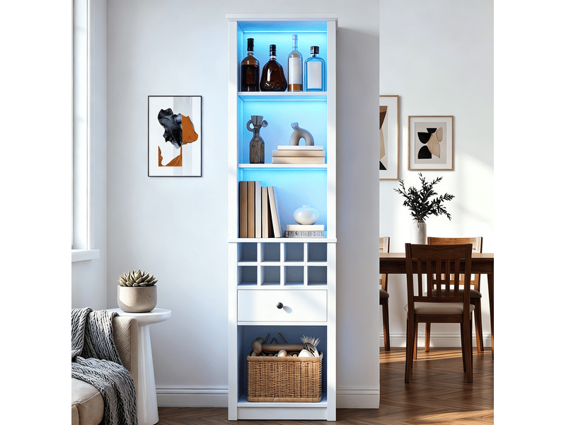  Vitrine ouverte avec led, 1 tiroir et 12 niches de rangement pour cuisine ou salon en mdf blanc 55 × 40 × 200 cm  - Conforama E