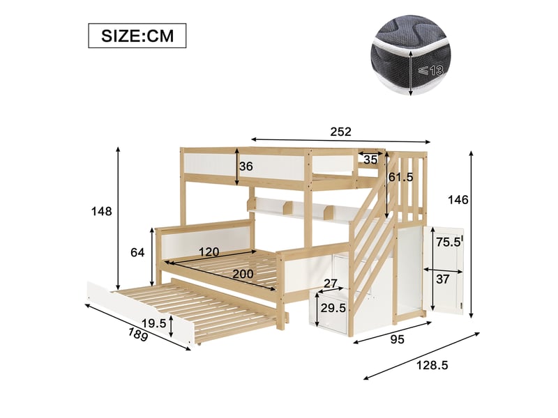 Lit superposé enfant 3 couchages avec lit gigogne, escalier et armoire, blanc naturel - Conforama C