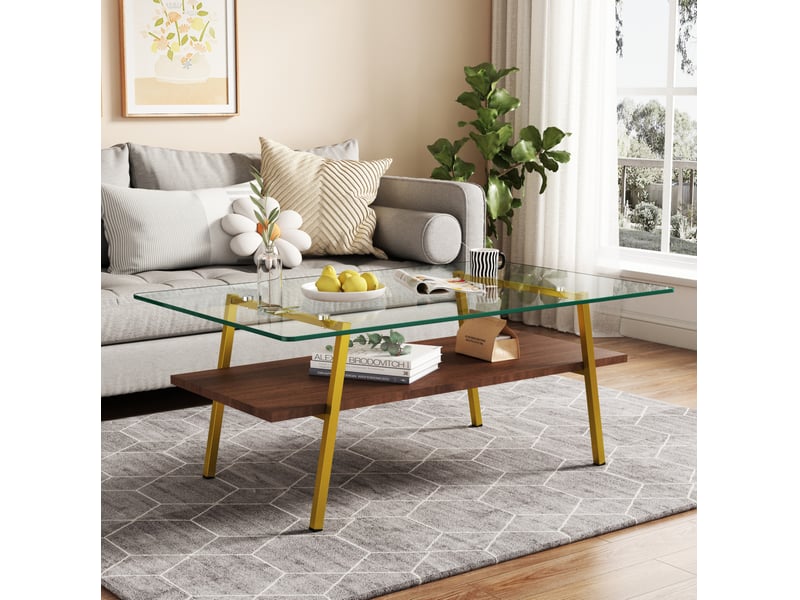  Table basse rectangulaire 98 x 58 x 42,5 cm en verre trempé, mdf et métal doré et brun  - Conforama E