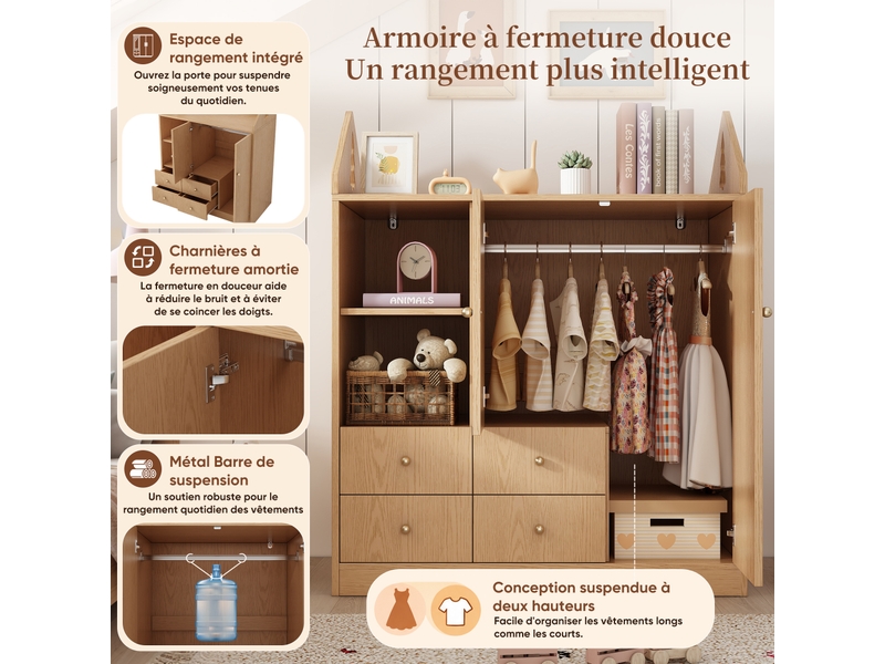  Armoire enfant 100x48x131cm en forme de maison, avec 2 portes, 4 tiroirs, niche ouverte, étagère haute et penderie, effet chêne evarich - Conforama D