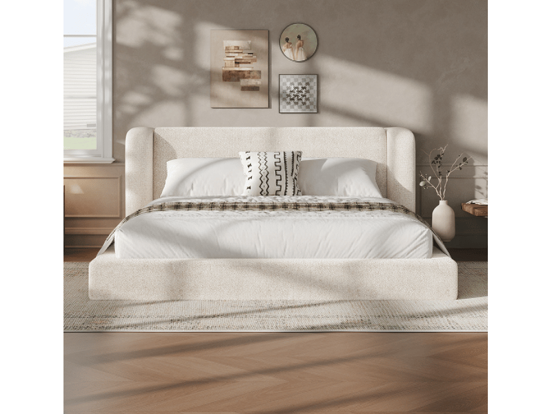  Lit double 180x200 cm avec 2 tables de chevet coulissantes, cadre rembourré et bords doux, structure métallique, blanc crème  - Conforama B