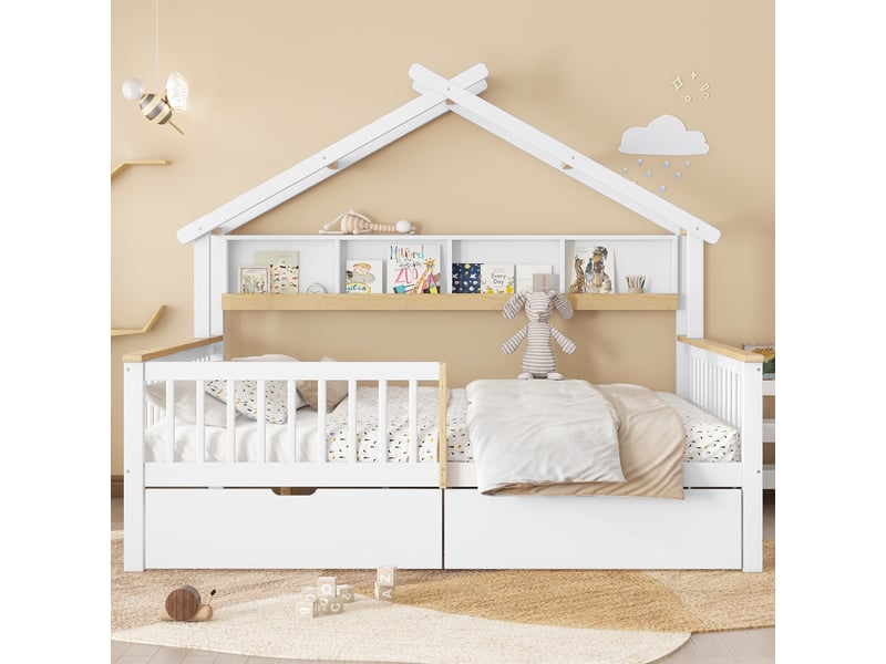  Lit cabane enfant 2 places 140 x 200 cm avec toit, garde-corps, étagère de 2 m et 2 tiroirs sur roulettes, pinmdf, blanc et effet bois naturel  - Conforama C