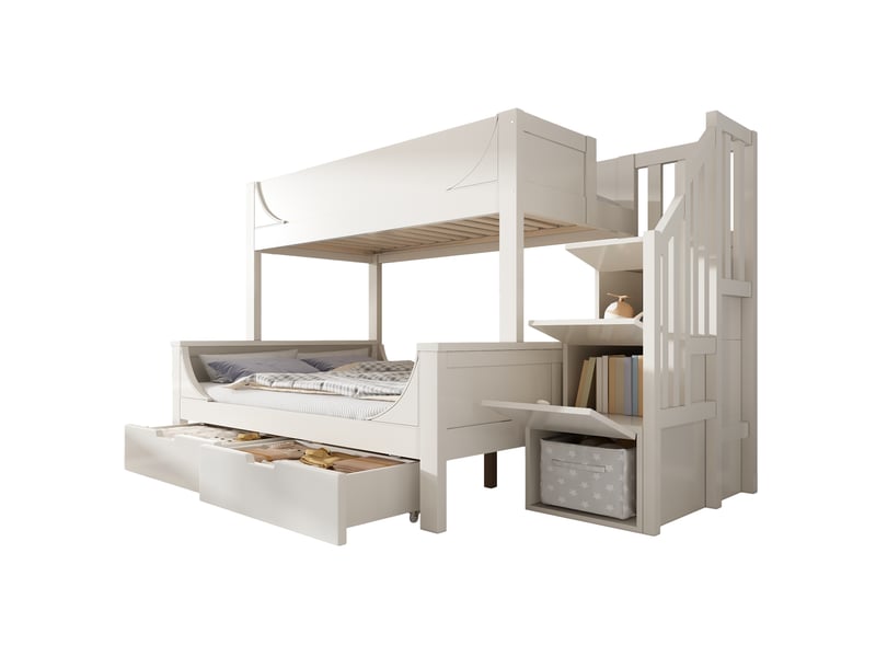  Lit superposé enfant 90 x 200 et 140 x 200 cm avec escalier de rangement, blanc  - Conforama A