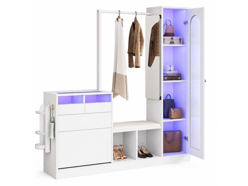  Meuble d'entrée avec miroir pivotant, vitrine led, banc et meuble à chaussures basculant, blanc, 163 × 50 × 161 cm  - Conforama A