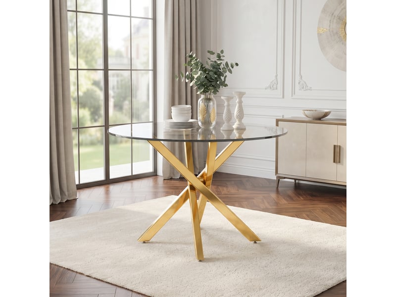  Table ronde ø 80 × 75 cm en verre trempé, piètement croisé doré IKSETERA TRADING LTD - Conforama D