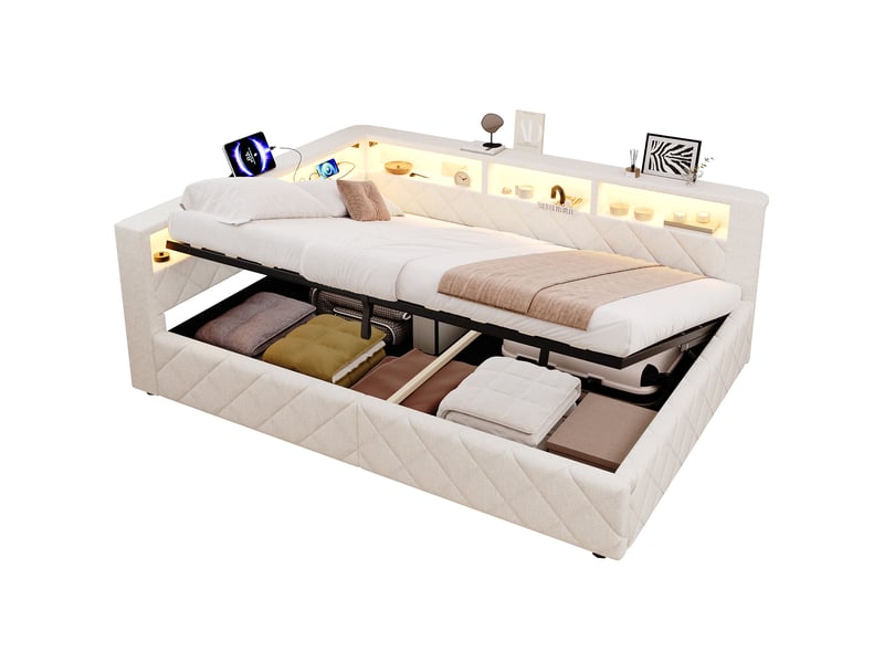  Canapé-lit coffre 140 x 200 cm - avec bande lumineuse led - avec port usb - beige (matelas non inclus)  - Conforama A