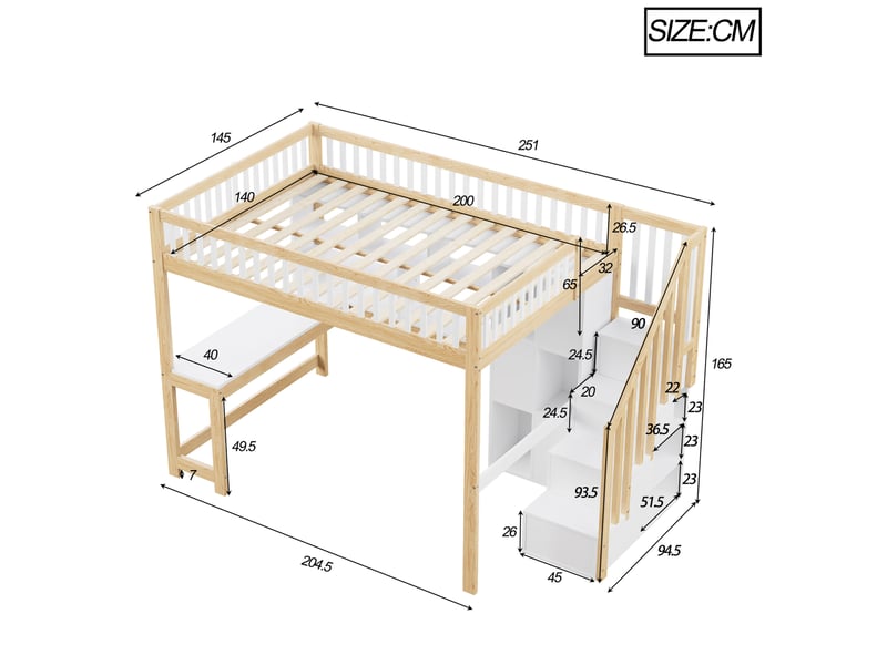  Lit mezzanine 140x200 cm avec bureau, rangements et led blanc et naturel  - Conforama C