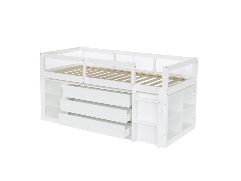  Lit mi-hauteur enfant 90x200 cm avec 3 tiroirs et rangements, blanc, sans matelas  - Conforama D