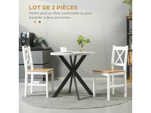 Lot de 2 chaises de salle à manger en bois massif chaise de cuisine esprit campagne dossier blanc croisé et chêne
