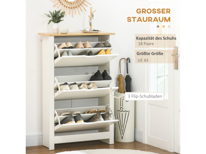  Meuble à chaussures 3 abattants pour 18 paires, blanc et bois naturel, 72x26x112 cm, entrée et couloir  - Conforama B