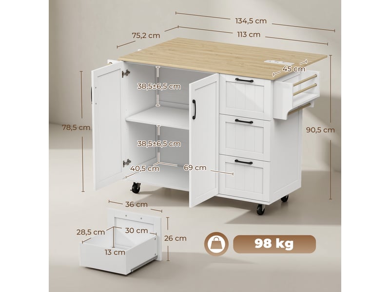  Îlot central de cuisine à roulettes 3 tiroirs plateau rabattable blanc 134,5x75,2x90,5 cm  - Conforama C