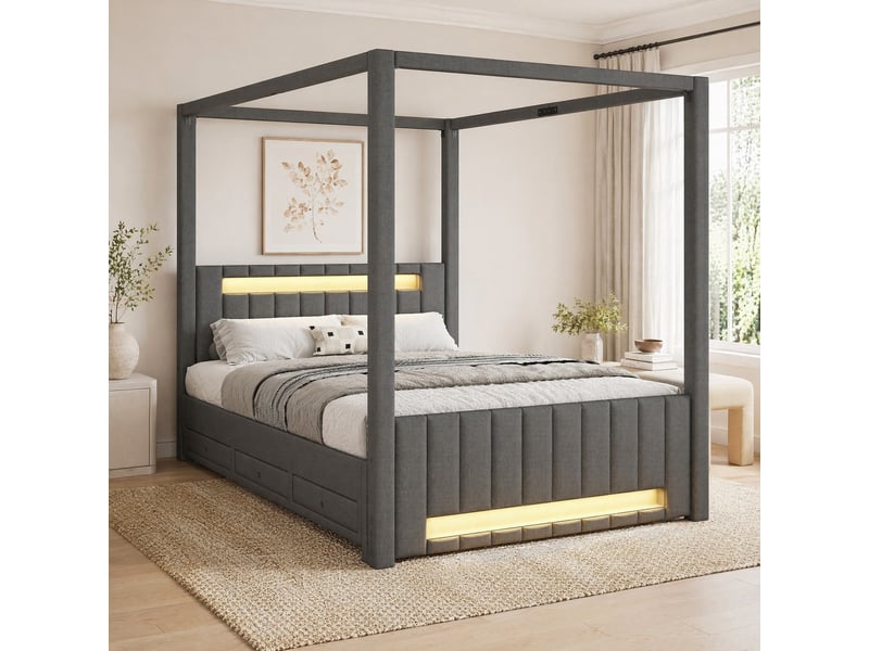  Lit à baldaquin 140 x 200 cm gris avec lit gigogne, 3 tiroirs et éclairage led  - Conforama C
