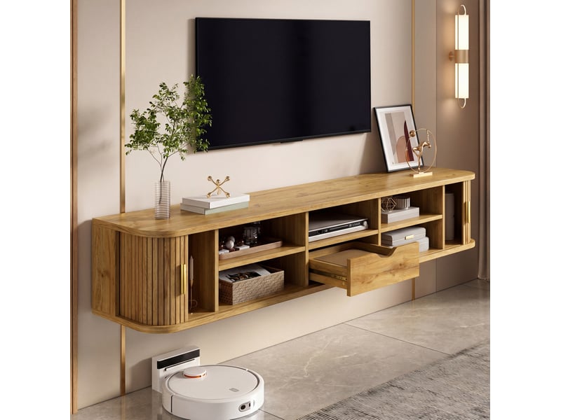  Meuble tv mural en mdf 175 x 30 x 30 cm, façade à rainures verticales, éclairage led réglable par application  - Conforama B