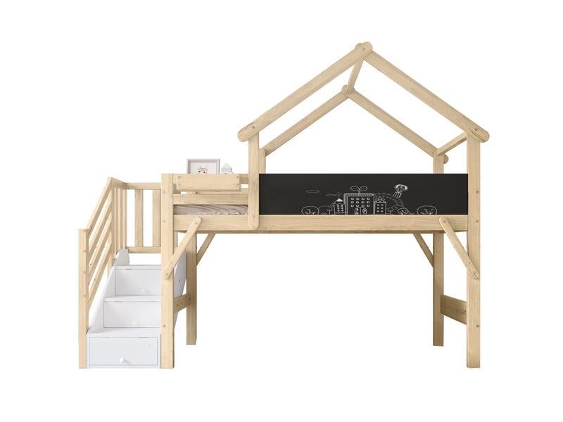  Lit mezzanine enfant 90x200 cm, lit cabane avec escalier de rangement, ardoise à dessin, en bois de pin et mdf, naturel  - Conforama D