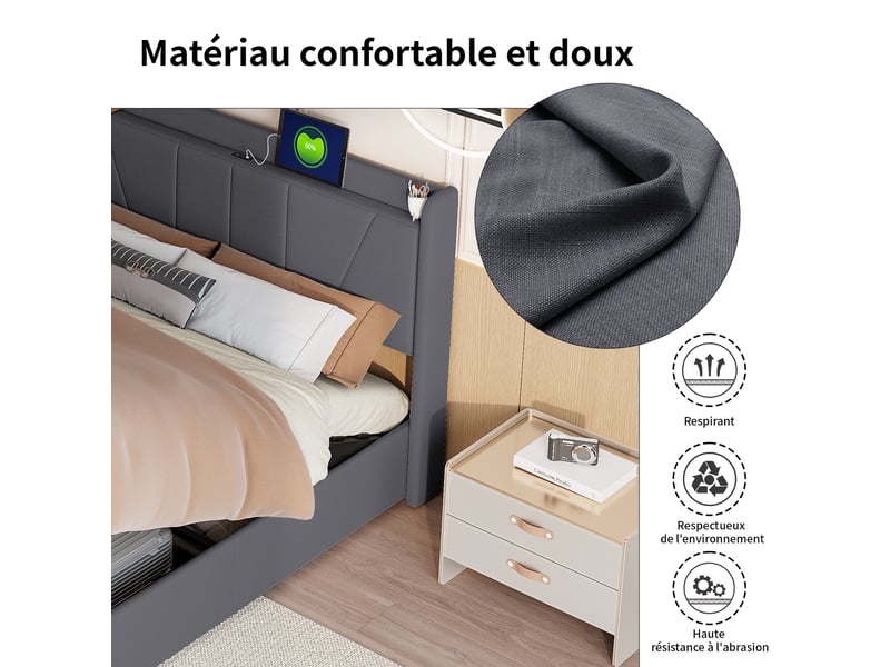  Lit coffre 160x200cm - lit double 160x200 - tissu en lin avec station de charge usbtype-c &amp; étagère - gris  - Conforama D