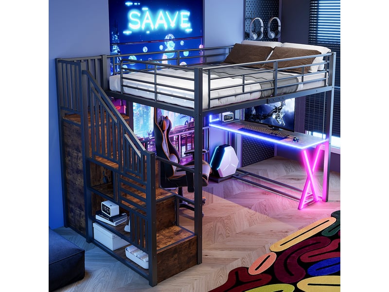  Lit mezzanine 140x200 cm avec éclairage led et bureau, lit double avec échelle de rangement et armoire, noir  - Conforama E