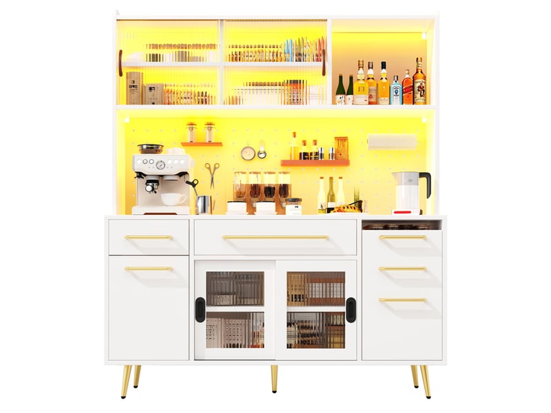  Buffet de cuisine moderne blanc 145cm, vaisselier avec éclairage led intégré, portes en verre et panneau perforé  - Conforama A