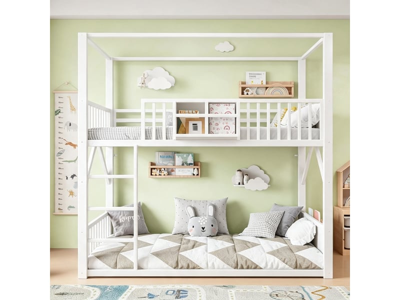 Lit superposé métal 90x200 cm pour enfant et ado, structure simple gain de place avec toit, lit superposé moderne blanc - Conforama D