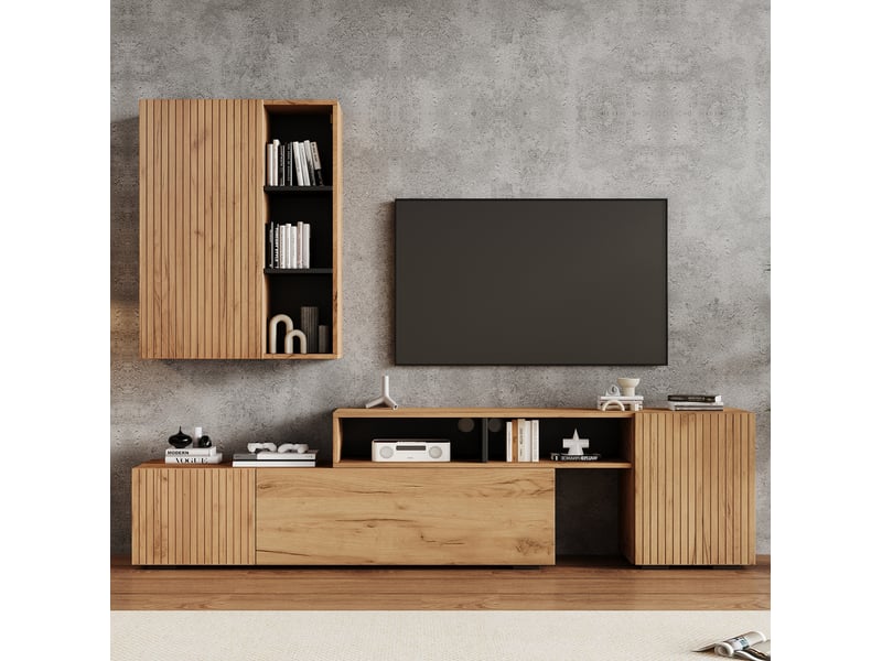  Ensemble meuble tv avec vitrine chêne et noir, longueur réglable 174-265 cm  - Conforama B