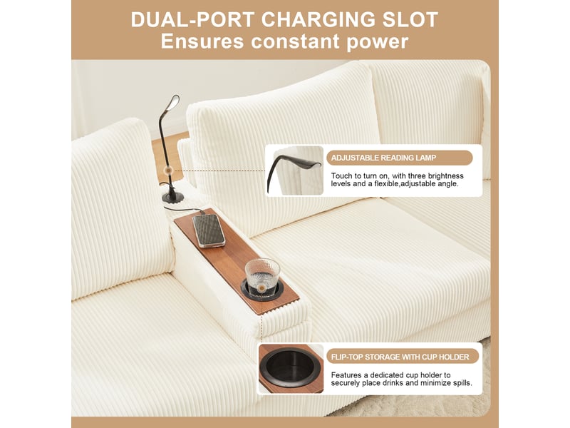 Canapé en u 4 places en velours côtelé beige, 334×128,5×81 cm, 2 poufs avec rangement, lampe de lecture et ports usb - Conforama D