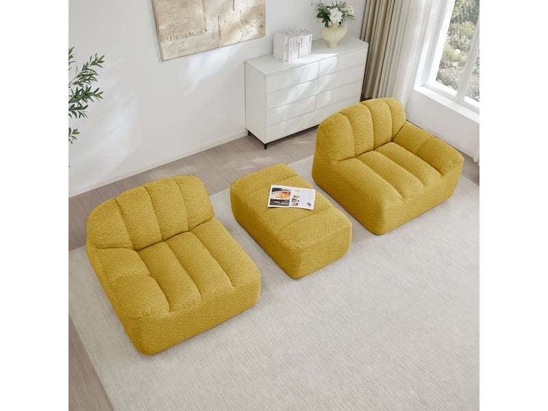  Canapé d’angle coquille 2 places avec pouf jaune – 210 x 165 x 79 cm Fay Lum - Conforama E