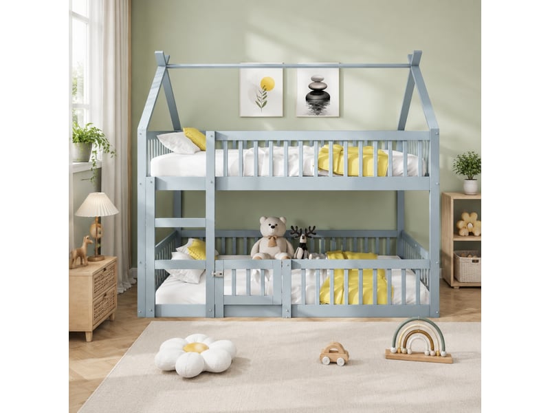 Lit superposé enfant gris 140 x 200 cm avec escalier intégré  - Conforama D