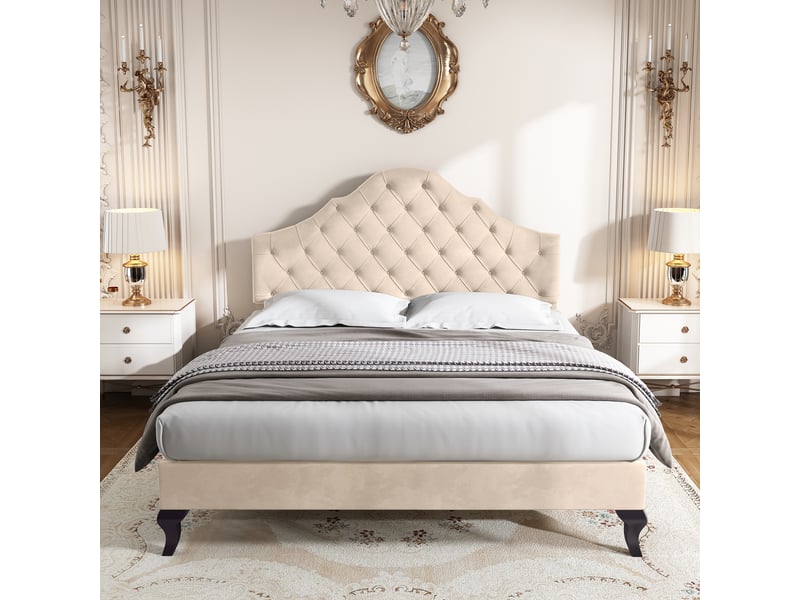  Lit double rembourré 140x190 cm avec sommier à lattes, beige, cadre de lit adulte avec tête de lit réglable en hauteur  - Conforama E